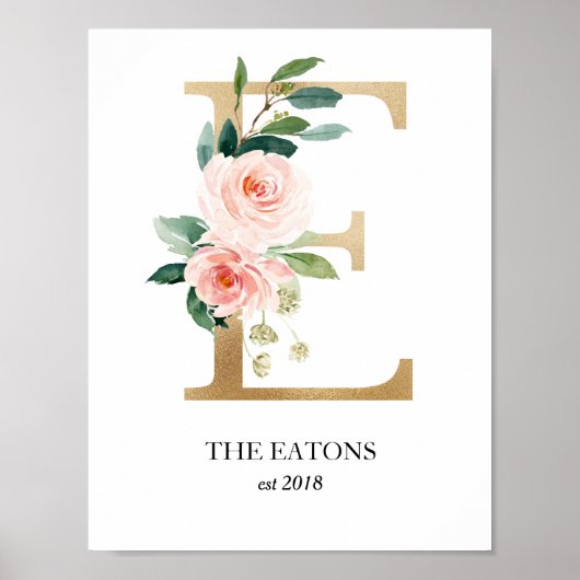 Monogram Art Print, Letter E, Wedding, Nursery Poster (Voorkant)