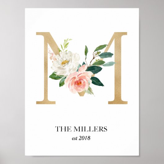 Monogram Art Print, Letter M, Wedding, Nursery Poster (Voorkant)