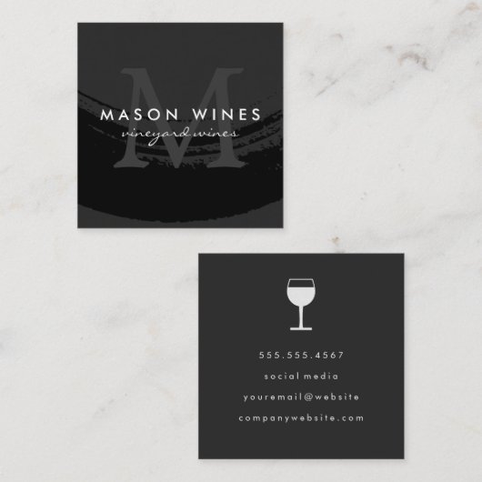 Monogram Artistiek Geborsteld Zwart Wijn Glas Vierkante Visitekaartje (Voorkant / Achterkant)