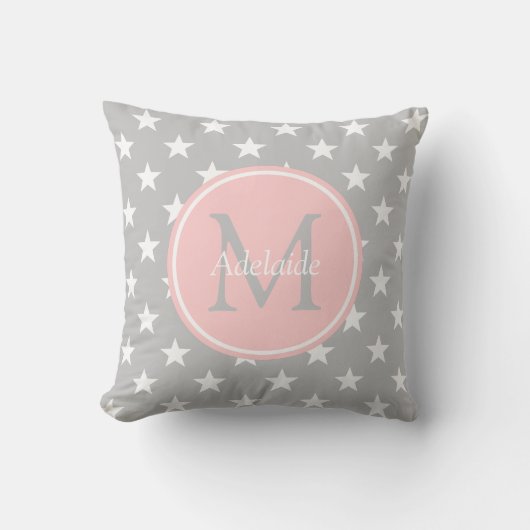 Monogram ash Gray en Baby Roze Stars Kussen (Voorkant)