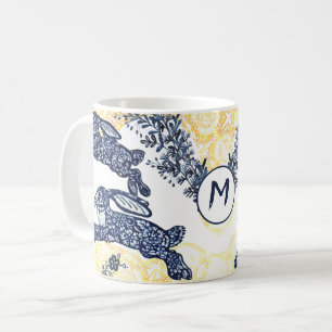 Monogram Asian Blue White Gold Rabbit Chinoiserie Koffiemok
