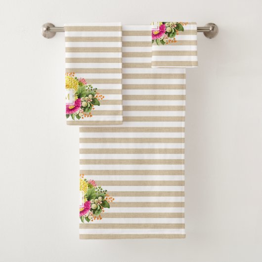 Monogram Asters Hot Pink Beige Handdoekset Bad Handdoek (Insitu)
