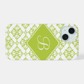 Monogram Atlantis Green Star Damast op Wit iPhone 15 Case (Achterkant horizontaal)