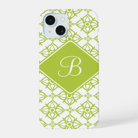 Monogram Atlantis Green Star Damast op Wit iPhone 15 Case (Achterkant)