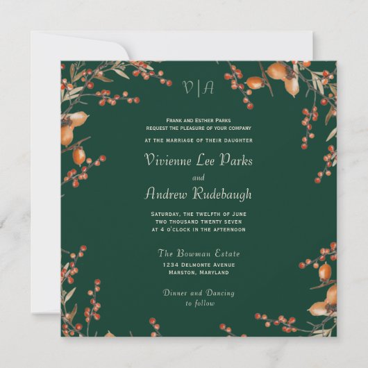 Monogram Autumn Acorn Evergreen Wedding Kaart (Voorkant)