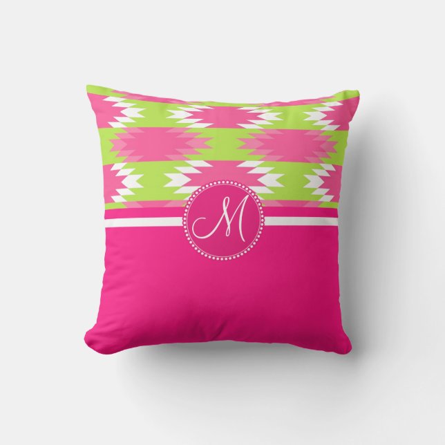Monogram Aztec Andes Tribal Hot Pink Lime Green Kussen (Voorkant)