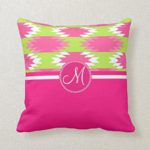 Monogram Aztec Andes Tribal Hot Pink Lime Green Kussen