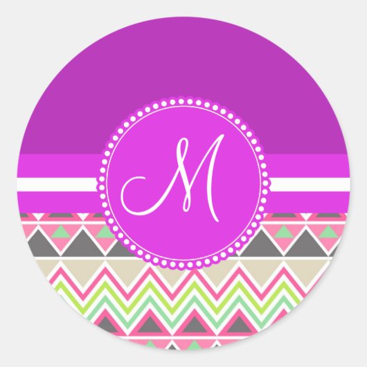 Monogram Aztec Andes Tribal Mountains Chevron Ronde Sticker (Voorkant)