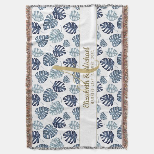 Monogram Azure Blauwe Tropische Bladeren Goud Nieu Deken (Voorkant Verticaal)