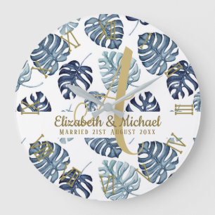 Monogram Azure Blue Tropical Leaves Gold Passen ge Grote Klok