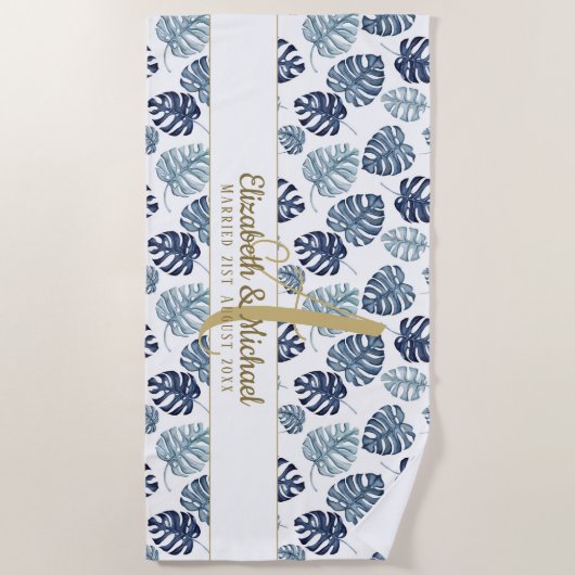 Monogram Azuurblauwe Tropische Bladeren Goud Nieuw Strandlaken (Voorkant)