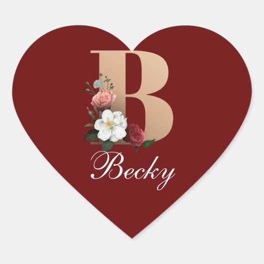 Monogram B, bloemontwerp, Hart Sticker (Voorkant)