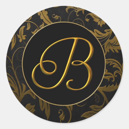 Monogram B Goud en Zwart Damast Bruiloft Seal Ronde Sticker (Voorkant)