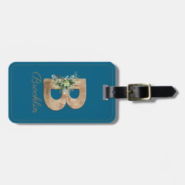 Monogram B houten letter blauw bloem Bagagelabel