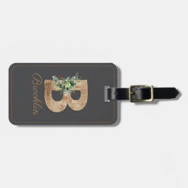 Monogram B houten letter bloem grijs Bagagelabel