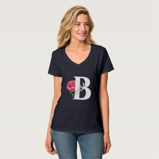 Monogram B in wit roze roos en laat T-shirt (Voorkant volledig)