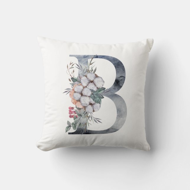 Monogram B Initiaal B, Waterverf Blauw Roze Perzik Kussen (Voorkant)