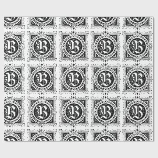 Monogram B Initiaal Black en White Square Pattern Cadeaupapier (Vlak)