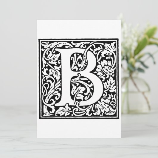 Monogram B Initiaal Zwart en Wit Bloemmotief Feestdagenkaart (Staand voorkant)