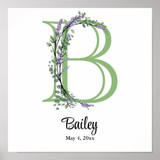 Monogram B lavender Eucalyptus nursery Poster (Voorkant)