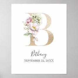 Monogram B Roze Witte Bloem Gouden Letter Babykame Poster