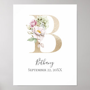Monogram B Roze Witte Bloem Gouden Letter Babykame Poster