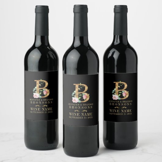 Monogram B van goud en bloemen Wijn Etiket (Flessen)