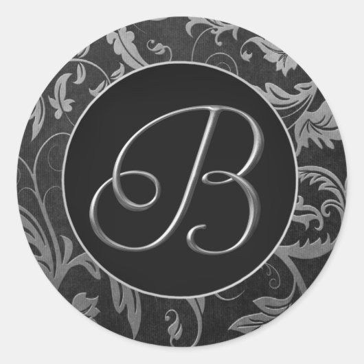 Monogram B Zilver en Zwart Damast Wedding Seal Ronde Sticker (Voorkant)