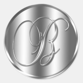 Monogram B Zilverkleurige uitnodiging tot huwelijk Ronde Sticker