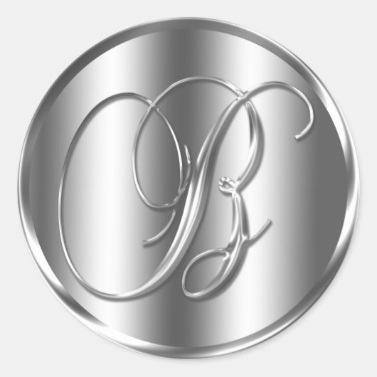 Monogram B Zilverkleurige uitnodiging tot huwelijk Ronde Sticker (Voorkant)