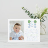 Monogram Baby Boy Birthday Christening Afbeelding  Bedankkaart (Staand voorkant)
