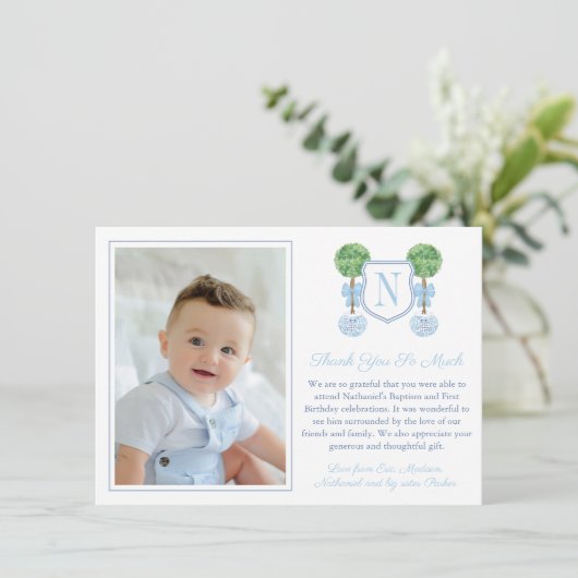 Monogram Baby Boy Birthday Christening Afbeelding  Bedankkaart (Staand voorkant)