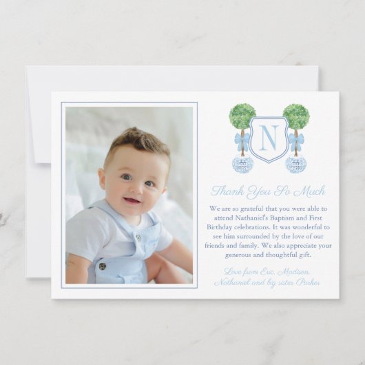 Monogram Baby Boy Birthday Christening Afbeelding  Bedankkaart (Voorkant)