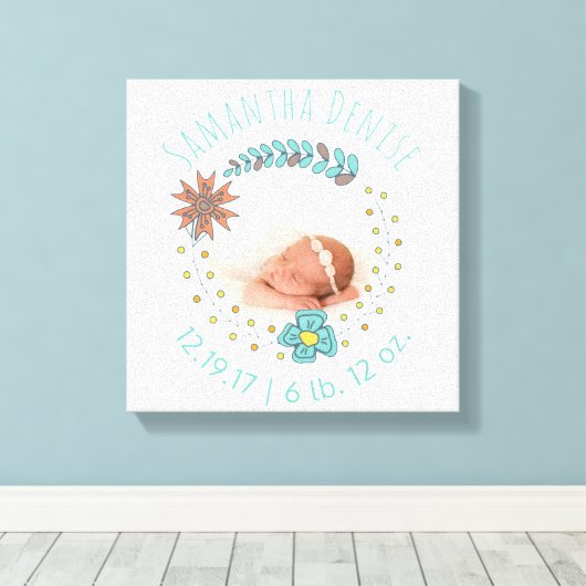 Monogram Baby Foto Boho Bloemen Geboorte Aankondig Canvas Afdruk (Insitu (Houten vloer))