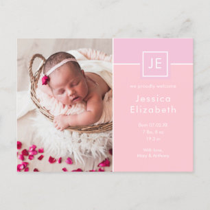 Monogram Baby Foto's Elegante Roze Moderne Geboort Aankondigingskaart