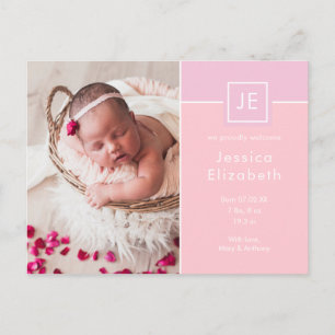 Monogram Baby Foto's Elegante Roze Moderne Geboort Aankondigingskaart