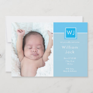 Monogram Baby Jongen Foto's Blauwe Elegante Chique Aankondiging