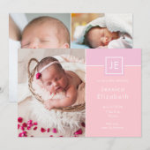 Monogram baby meisje foto's roze moderne geboorte aankondiging (Voorkant / Achterkant)