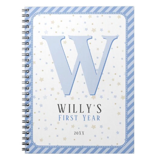 Monogram Baby Memory Journal. Blauw en wit Notitieboek (Voorkant)