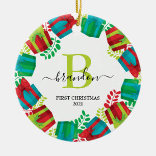 Monogram Baby naam Eerste Kerstmis Wreater Keramisch Ornament