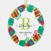 Monogram Baby naam Eerste Kerstmis Wreater Keramisch Ornament (Links)