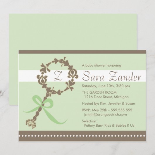 Monogram Baby Rattle Shower Uitnodiging (Voorkant / Achterkant)