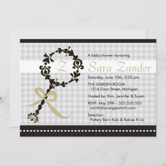 Monogram Baby Rattle Shower Uitnodiging (Voorkant / Achterkant)