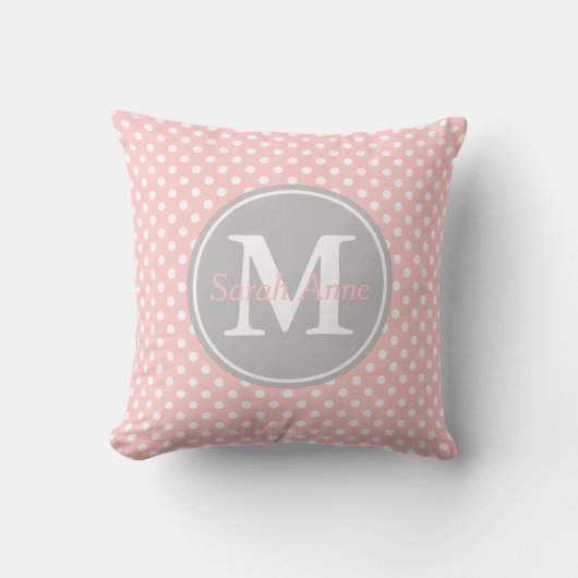 Monogram baby roze en Ash Gray Polka Dot Kussen (Voorkant)