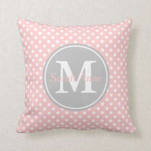 Monogram baby roze en Ash Gray Polka Dot Kussen