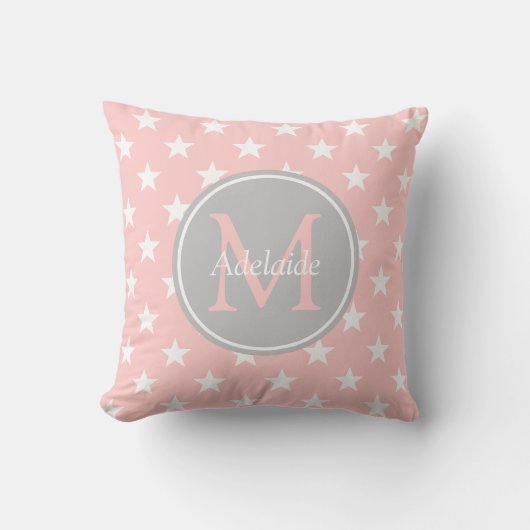 Monogram baby roze en ash grijze sterren kussen (Voorkant)