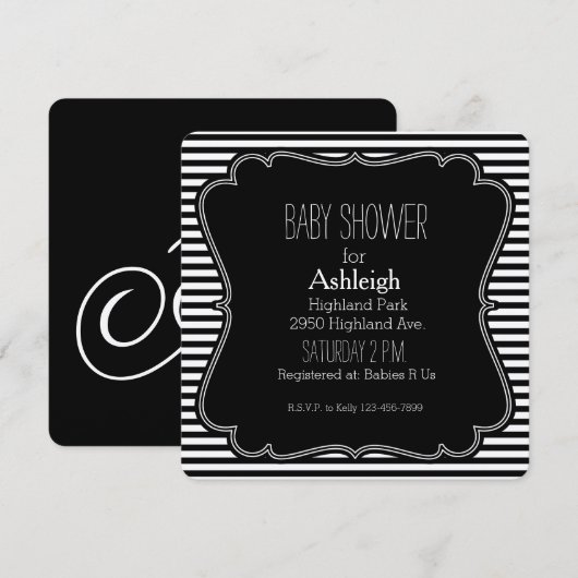 Monogram baby shower met zwarte strepen kaart (Voorkant / Achterkant)