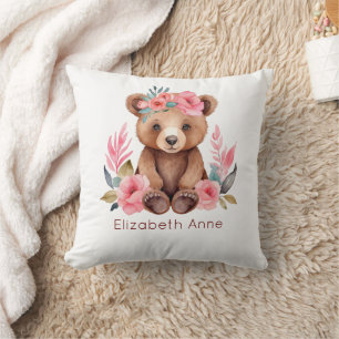 Monogram Babybeer Roze Bloemen Meisjes Babykamer Kussen