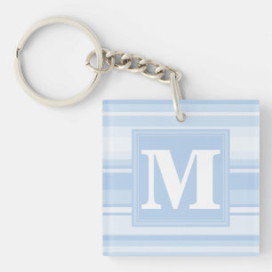Monogram babyblauwe strepen sleutelhanger
