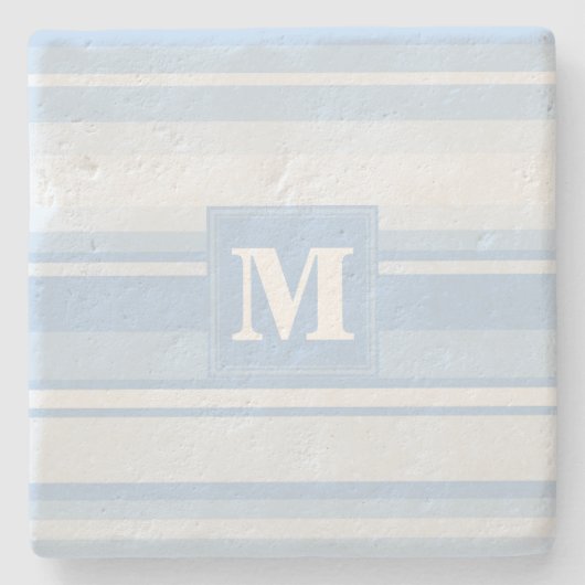 Monogram babyblauwe strepen stenen onderzetter (Voorkant)